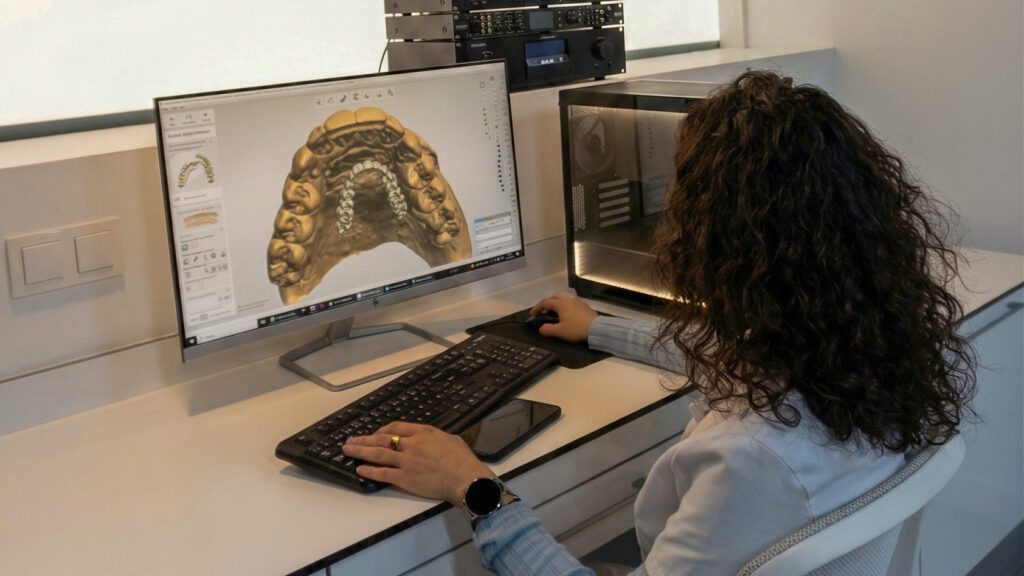 Técnica de Atelier Dental Colina realizando el diseño digital de una prótesis dental en Burgos.